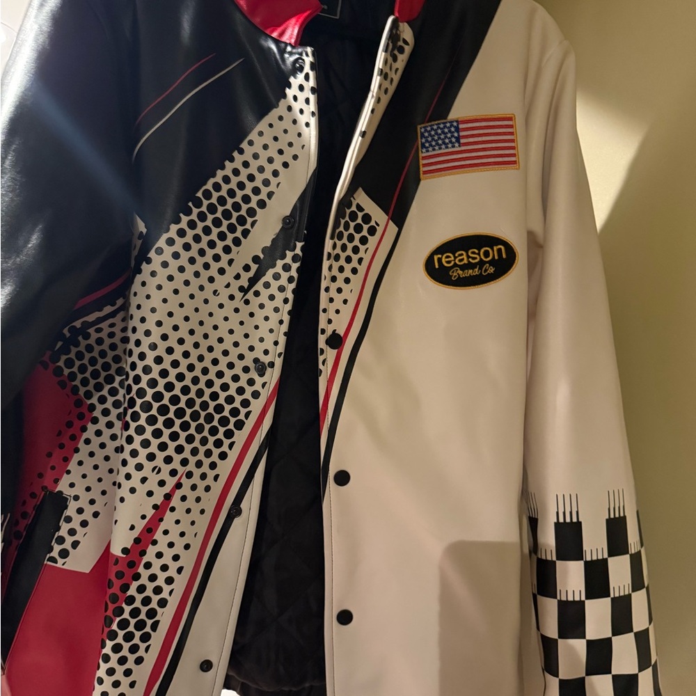 Reason Men's Black, Cream, and Red Bomber Jacket - Picture 4 of 5